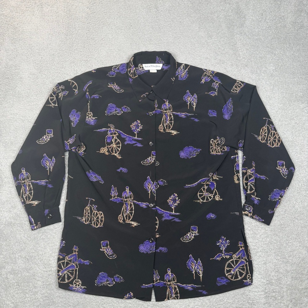 VTG Norton McNaughton Womens Penny Farthing Bicycle Print Button Down Shirt L